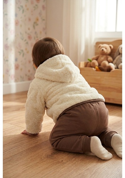 Ahengim Ayıcık Detaylı Kapüşonlu Peluş Hırkalı Bebek Alt Üst Takım 2 Parça Ak324905 Kahverengi