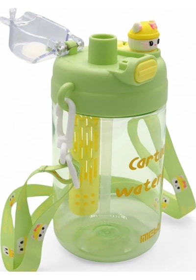 Kuromi Hello Kitty Çizgifilm Karakterli Çocuk Suluğu - Askılı Çift Kapaklı Pipetli Matara 750ml Yeşil
