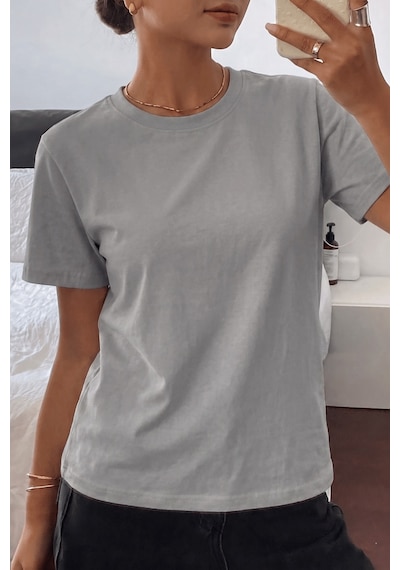 Genıus Store Kadın Tişört Gri Bisiklet Yaka Basic Tişört %100 Pamuk Rahat Kalıp T-shirt Basıc-kadın