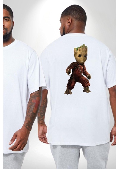 Angemiel Bebek Groot Guardians Galaxy Büyük Beden Beyaz Tişört Kadın Erkek Ünisex Sırt Baskılı Beyaz