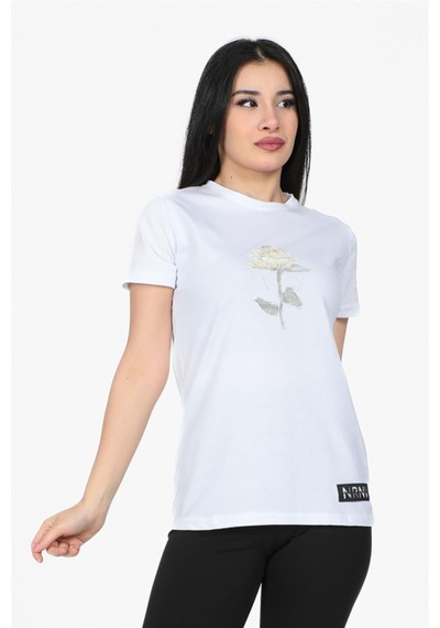 Gül Desenli Bisiklet Yaka Normal Kalıp Tshirt Beyaz-beyaz Beyaz