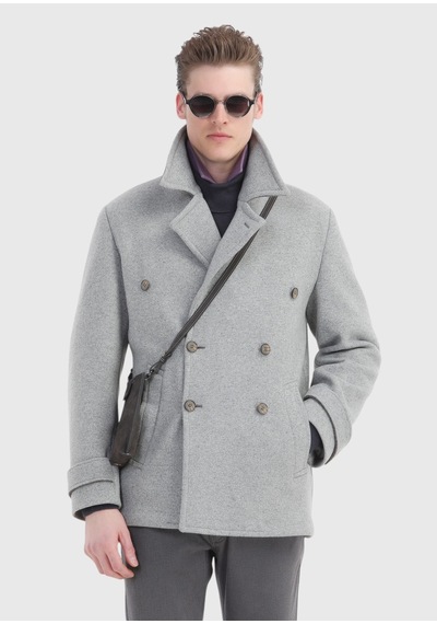 Ramsey Gri Slim Fit Kruvaze Yaka Örme Palto