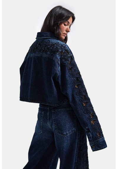 Kadın Koyu Kot 2w6-7 Dantel Nakış Detaylı Kemer Boy Özel Tasarım Denim Ceket