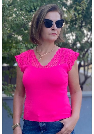 Mia Butik Kadın Pembe Sıfır Kol Ajurlu Triko Bluz Pembe
