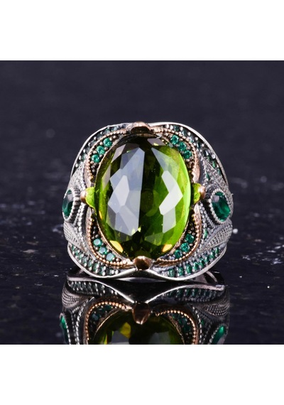 Peridot Yapay Taşlı Yüzük - 925 Ayar Gümüş Yüzük - El Yapımı Taş Takı - Gümüş Erkek Yüzüğü Gümüş