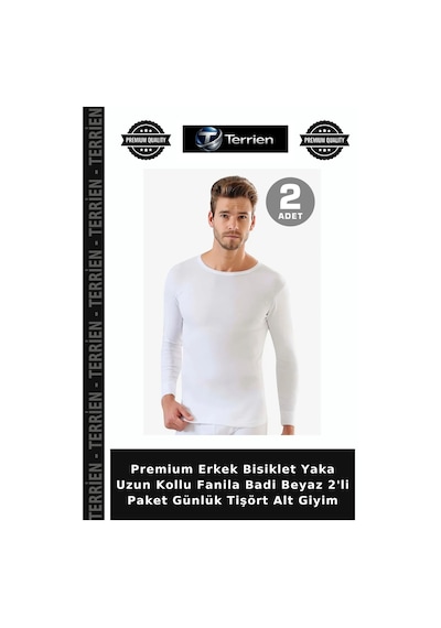 Terrien Premium Erkek Bisiklet Yaka Uzun Kollu Fanila Badi Beyaz 2'li Paket Günlük Tişört Alt Giyim
