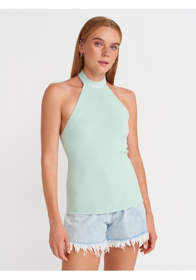 Dilvin 10798 Halter Bağlamalı Yaka Fitilli Triko Bluz-mint Mint