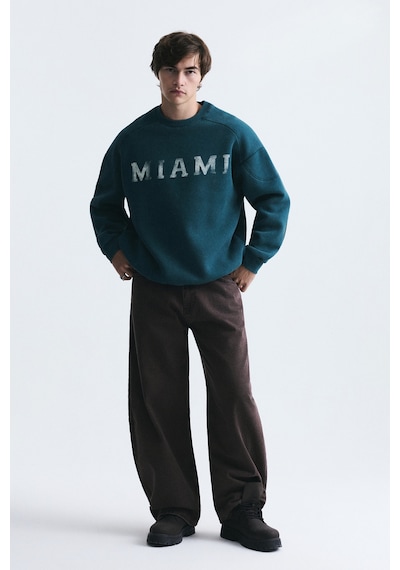 Vamos Miami Baskılı Bisiklet Yaka Sweatshirt Nefti Yeşil