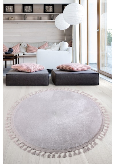 Relax Gri Yuvarlak 100x100 Cm Ponpon Saçaklı Kaymaz Tabanlı Makin Gri
