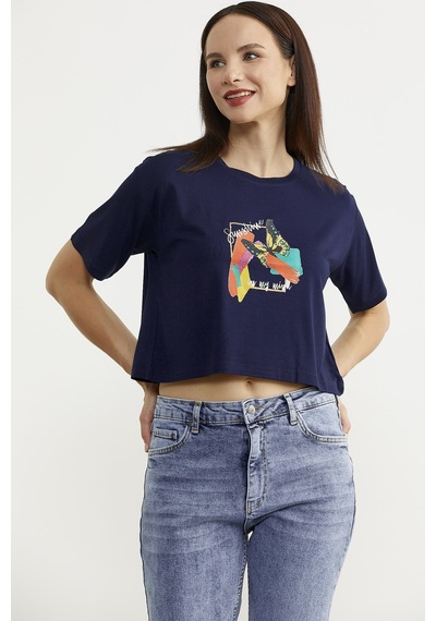 Oversize Baskılı Crop Tişört - Lacivert Çok Renkli