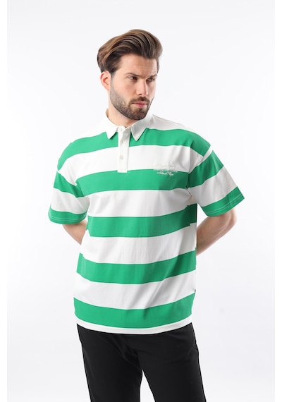 Madmext Yeşil Oversize Renk Bloklu Polo Yaka Tişört E7120 Yeşil