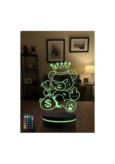 Asi Kral Ayıcık 3d Led Gece Lambası Rgb Kumandalı Para Çantalı Dekoratif Masa Lambası Çok Renkli