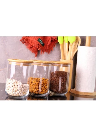 Duo 900ml 3'lü Saklama Kabı-bambu Kapaklı Cam Baharatlık