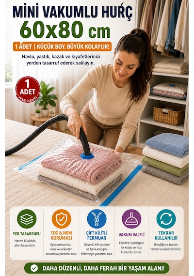 Mini Boy Vakumlu Hurç 60x80 Cm 1 Adet Vakum Poşeti Çift Kilitli Saklama Torbası Şeffaf Düzenleyici