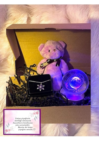 Lapidaria Ayıcık, Lotus Kamelya Çiçeği Kolye Ve Satürn Temalı Işıklı Dolunay 3d Led Işıklı Cam Standart