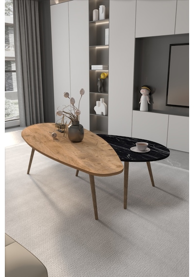 Orta Sehpa Seti Modern 2 Li Ahşap Ayaklı Salon Oturma Odası Dekoratif Sehpa Takımı 8888 Ceviz Efes Siyah