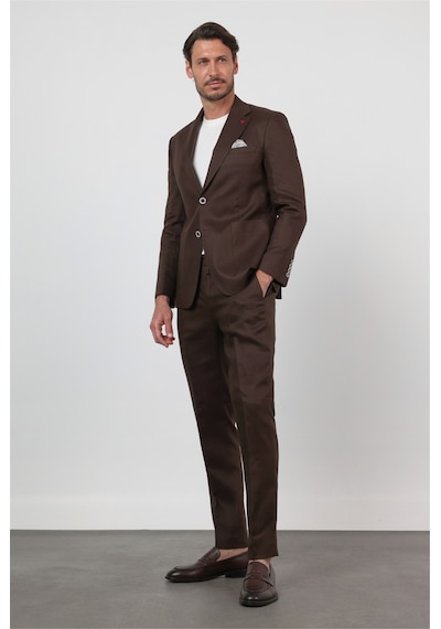 İmza Kahverengi Mono Yaka Keten 6 Drop Slim Fit Yarım Astar %100 Keten Takım Elbise 1001260164