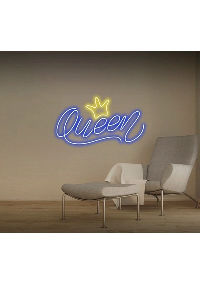 Queen Yazılı Taç Figürlü Neon Tabela Mavi