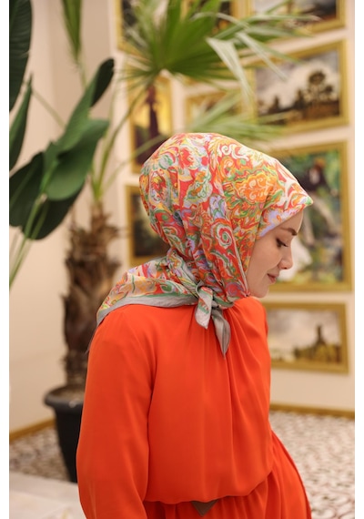 Silk Home Olinda İpek Eşarp 47002-34 Gri, Parlak Turuncu, Yeşil, Leylak, Mercan