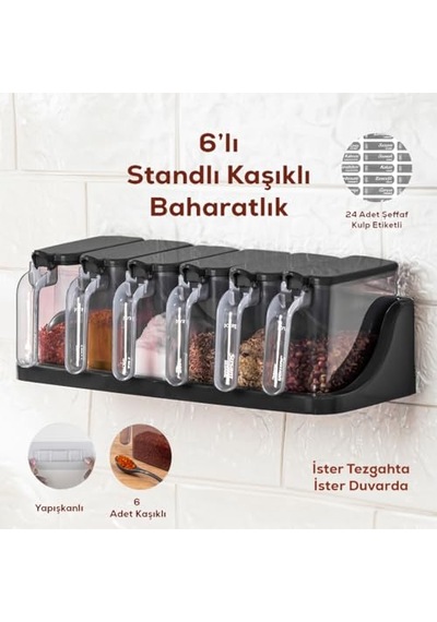 1183 6 Lı Standlı Kendinden Yapışkanlı Kapaklı Kaşıklı Baharatlık Takımı - Baharatlık - Siyah Diğer