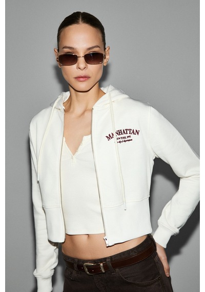 Grimelange Iressıne Kadın Kapüşonlu Fermuarlı Uzun Kollu Regular Beyaz Sweatshirt Beyaz