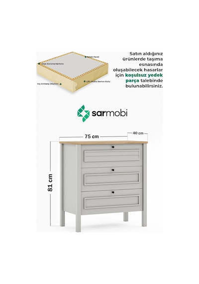 Taiga 3 Çekmeceli Şifonyer , Çamaşırlık Yatak Odası Bebek Odası Gri Beyaz
