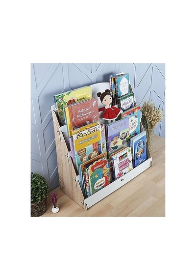 Lucky Montessori Ahşap Çocuk Odası 4 Raflı Kitaplık Meşe - Beyaz Abanoz - Beyaz