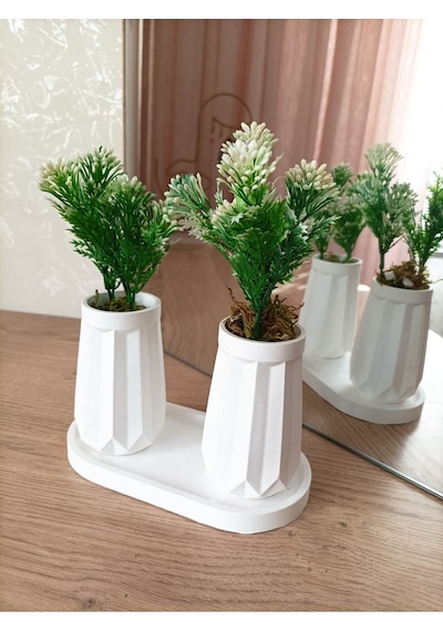 Mini Düz Desenli Beton Saksı İkili Ve Oval Tabak-yapay Çiçek Hediyeli - Beyaz Tomurcuk