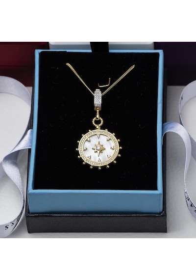 Pusula Model Sedef Taşlı Yıldız Detaylı Gold Rengi 925 Ayar Gümüş Kadın Kolye Gold