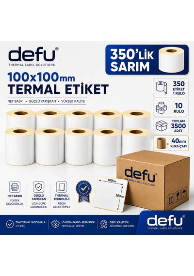 Tr Defu 100x100 Mm Termal Etiket 10 Rulo 3500 Adet 40 Mm Kuka Güçlü Yapışkanlı Barkod/koli Etiketi 1