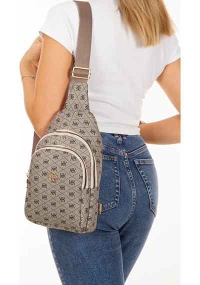 Newish Polo Kadın Trendy Desenli Deri Çapraz Omuz Ve Göğüs Çantası Çantası Bej
