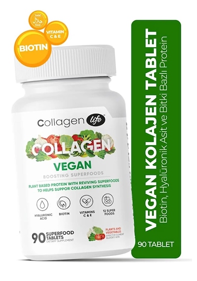 Collagen Life Biotin, Hyaluronic Acid, C Vitaminive Bitki Bazlı Vegan Kolajen Desteği 90 Tablet