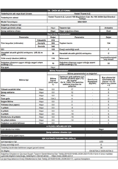 Vestel SBA16001 134 LT Ankastre Buzdolabı