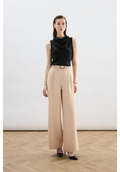 Sateen Kemerli Bol Pantolon - Bej-136821 Bej
