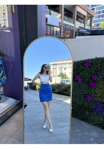 Bel Detaylı Saten Mini Etek - Sax Mavisi-92 Mavi