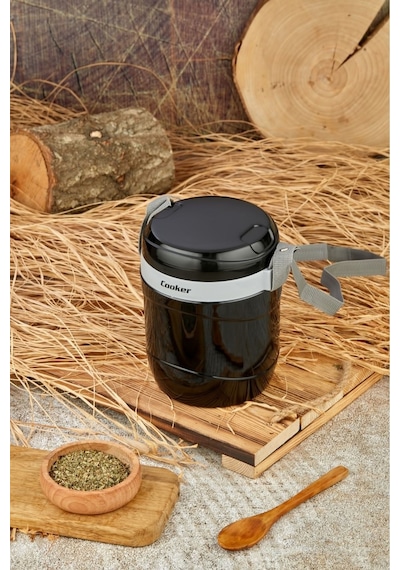Cooker 3146 Lüx 1,2 Litre Çelik Hazneli 3'lü Yemek Termosu Siyah