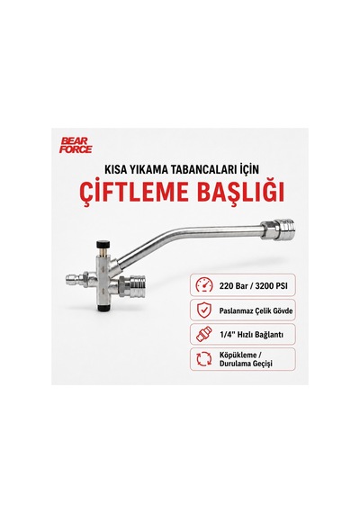 Robeve Bear Force Kısa Basınçlı Yıkama Tabancası Çiftleme Başlığı 1/4 Quick Plug Hızlı Bağlantı Köpük Aparatı Ve Durulama Geçiş Vanası Paslanmaz Çelik 220 Bar / 3200 Psı Basınç Dayanımı