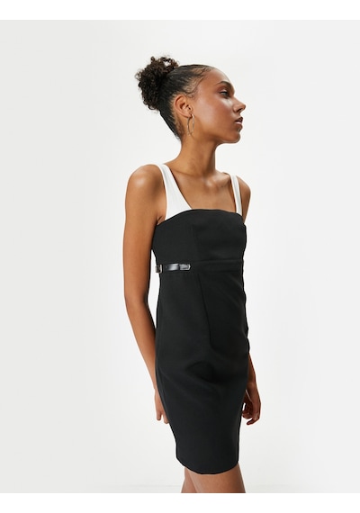 Koton Mini Kalem Elbise Renk Kontrastlı Askılı Slim Fit Siyah 4sak80390pw