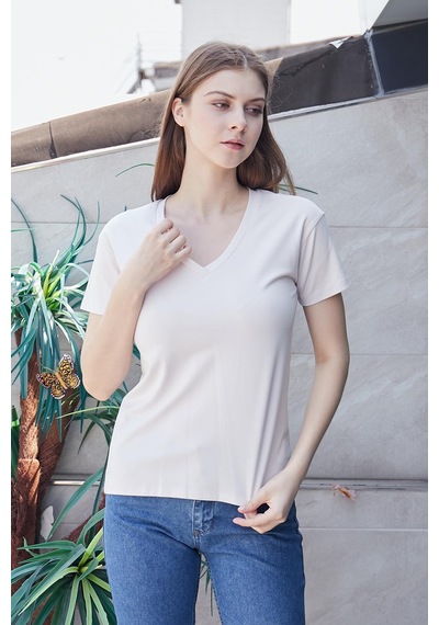 Jument Kadın V Yaka Kısa Kol Likralı Span Kumaş Şık T-shirt Bluz-şampanya Şampanya