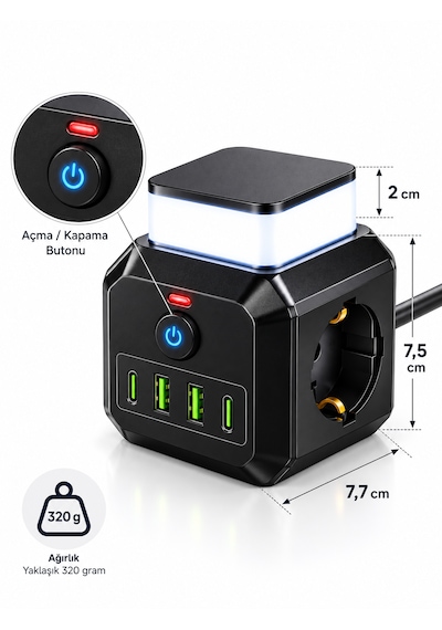 Akım Korumalı 3'lü Priz 2200w 1050j 10a Gece Lambalı 2 Usb 2 Type-c Şarj Girişli 0.2 M