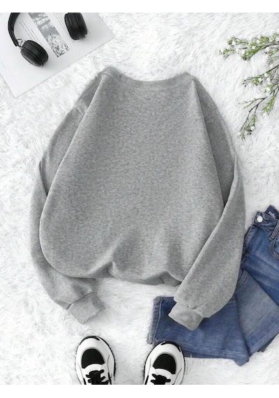 Ok Bear Sweatshirt - Gri Baskılı Oversize Kalın Kışlık Bisiklet Yaka Gri