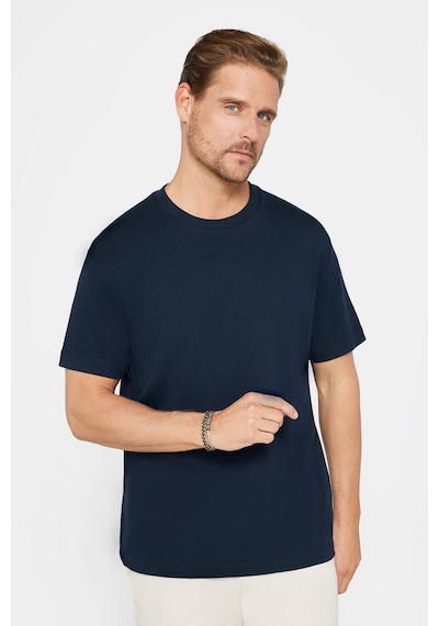 Tudors Unisex Relax Fit Rahat Kesim %100 Pamuk Yumuşak Dokulu Basic Bisiklet Yaka Lacivert Tişört-30849 Lacivert