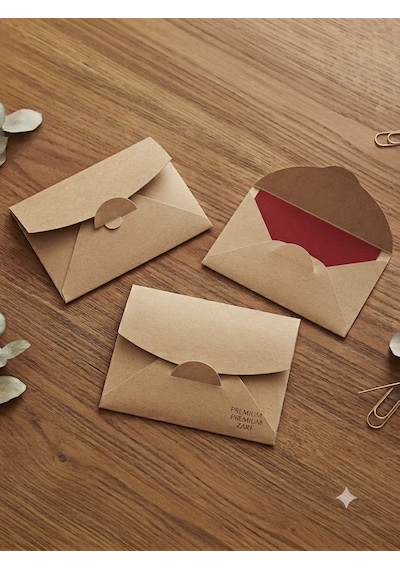 Premium Kraft Zarf Ve Kırmızı Not Kartı Seti 50 Li 50 Adet Mini Zarf + 50 Adet 5x9 Cm Not Kartı