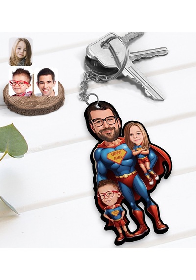 Bk Gift Kişiye Özel Süper Baba-çocuk Karikatürlü Ahşap Anahtarlık-2, Babalar Günü Hediyesi, Babaya Hediye Kobitmeyencom31600 Bk Gift