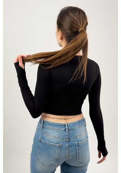 Kadın Bisiklet Yaka Parmak Detaylı Spor Body Basic Soft Touch Spor Crop Siyah