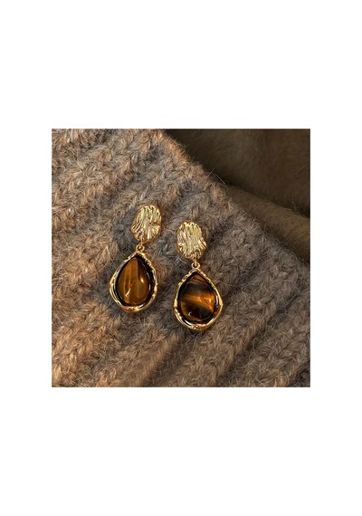 Electra Model 3'lü Set Amber Taş Görünümlü Vintage Gold Küpe Kombini Çok Renkli
