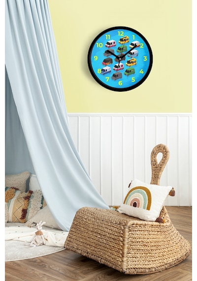 Renkli Minibüs Çizimli Modern Çocuk Odası Duvar Saati - 30cm - Önü Camlı Siyah Kasa-jh0786 Siyah