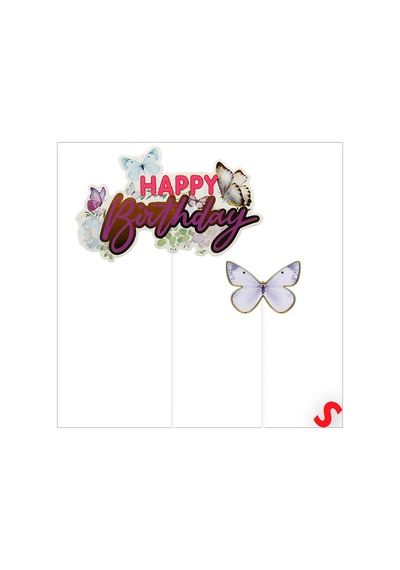 Kelebekli Happy Birthday Pasta Süsü 4 Lü Set - Mor