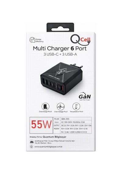 Qcell Super Fast Charger 6 Port 55 Watt Gan Siyah Adaptör Süper Hızlı Şarj