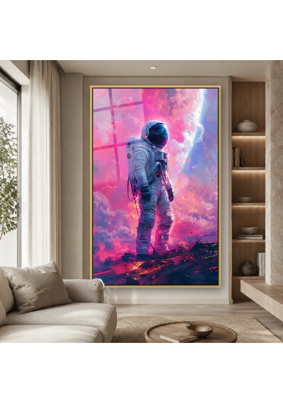 Pembe Bulutlarda Yürüyen Astronot Gold Çerçeveli Cam Tablo